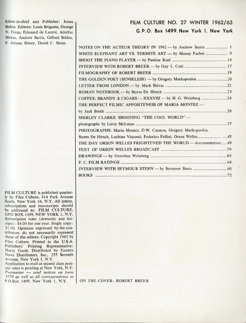 Film Culture table of contents