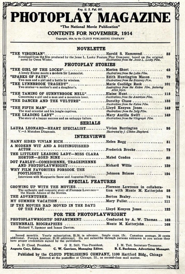 Photoplay Magazine table of contents